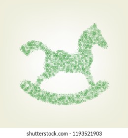 Horse toy sign. Vector. Green hexagon rastered icon and noised opacity and size at light green background with central light.