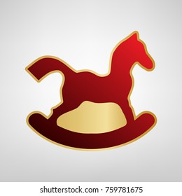 Horse toy sign. Vector. Red icon on gold sticker at light gray background.