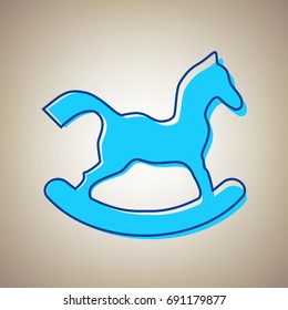 Horse toy sign. Vector. Sky blue icon with defected blue contour on beige background.
