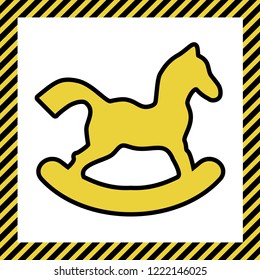 Horse toy sign. Vector. Warm yellow icon with black contour in frame named as under construction at white background. Isolated.