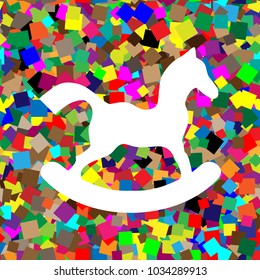 Horse toy sign. Vector. White icon on colorful background with seamless pattern from squares.