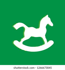 Horse toy sign. Vector. White flat icon with yellow striped shadow at green background.