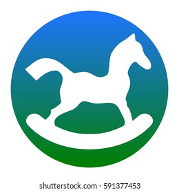 Horse toy sign. Vector. White icon in bluish circle on white background. Isolated.