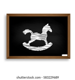 Horse toy sign. White chalk icon on black school board with shad
