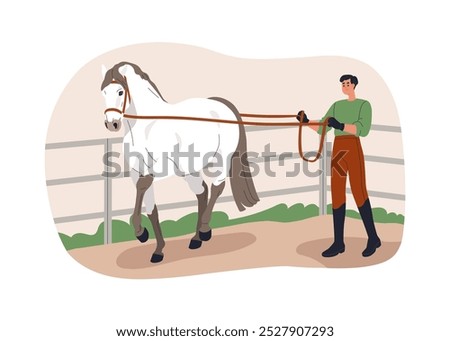 Horse training. Equine handler, trainer leading stallion, holding with reins, harness, guiding in paddock. Professional bereitor, equestrian. Flat vector illustration isolated on white background