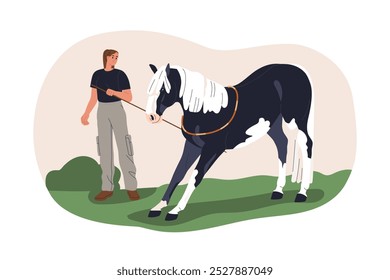 Treinamento de cavalos na linha de mergulho. Bereitor e garanhão se exercitando. Comandos de execução de equídeos. Treinador equestre profissional, educação. Ilustração de vetor plano isolada no plano de fundo branco