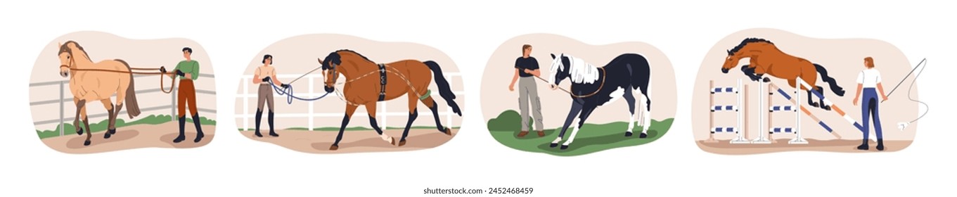 Horse training set. Equine handler teaching stallion obedience and commands, bridle and hurdle. Exercising, preparing for dressage, riding. Flat vector illustration isolated on white background