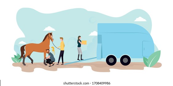 Horse transportation. A man drives a horse into a horse trailer, a man puts on a leg, a woman carries a box