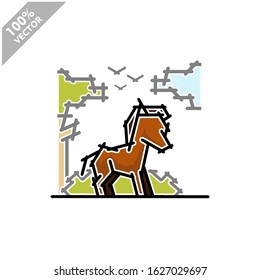 Horse with tree and sky background safari zoo logo vector