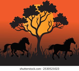 Horse tree sun grass silhouette