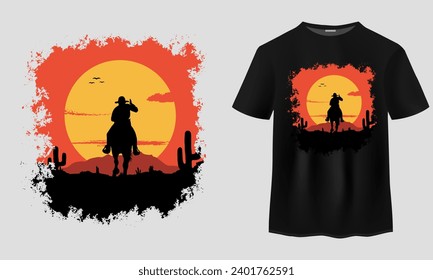 Horse t-shirt design vector, Vintage T-shirt Design. Horses riding at sunset