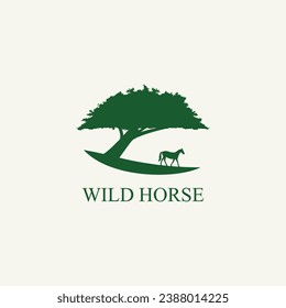 Horse under big tree minimal logo vector icon illustration