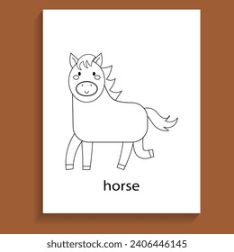 horse, ungulate herbivores animals cartoon flat line for coloring page