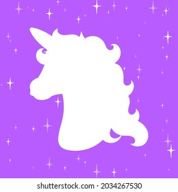Horse unicorn head. White silhouette. Design element. Vector illustration isolated on violet background. Template for books, stickers, posters, cards, clothes.
