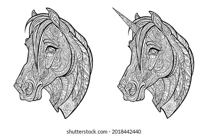 Horse and unicorn portrait. Antistress coloring book page. A set of two objects. Vector isolated illustration.