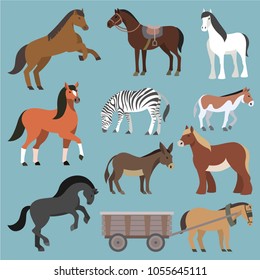 Horse vector animal of horse-breeding or equestrian and horsey or equine stallion illustration animalistic horsy set of pony zebra and donkey character isolated on background