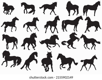 Arte vectorial de caballo, iconos y vectores gráficos conjunto conjunto de silueta de caballo dibujado a mano aislado en fondo negro para EPS libre