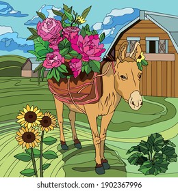 Horse vector art illustration in front of his stable