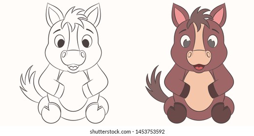 Horse vector cartoon illustration color and coloring on a colored background for children