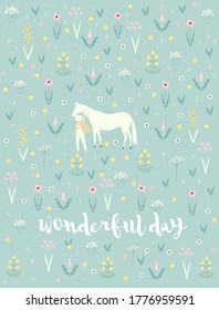 
Horse. Vector cute illustration with a horse in flowers with a girl, for postcards, design, print, poster.