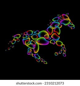 Icono vector de caballo de burbujas de arco iris sobre fondo negro