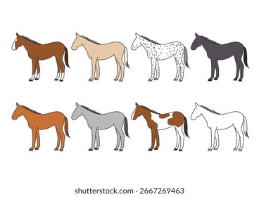 Horse vector illustration. Set of different horse breeds. Black border design. White background.
