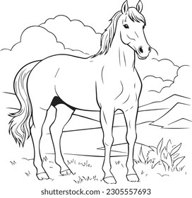 Caballo: estilo de dibujo de línea vectorial para páginas de color