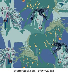 Horse vector seamless pattern. Square blue, green color background. Design for fabric, wallpaper, wrapping paper, invitation card.