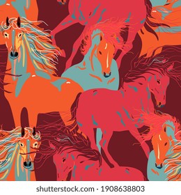 Horse vector seamless pattern. Square red pink color background. Design for fabric, wallpaper, wrapping paper, invitation card.