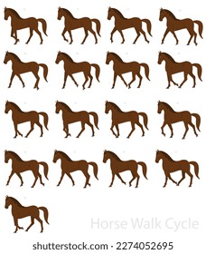 Horse Walk Cycle, Animated brown horse with loopable gait cycles, isolated on green background.