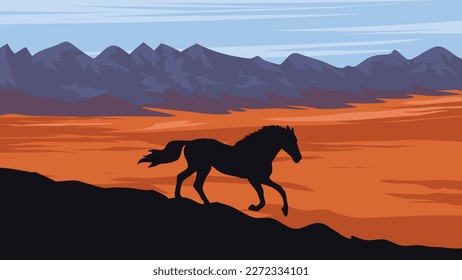 a horse is walking across a hill , desert, a mountain range