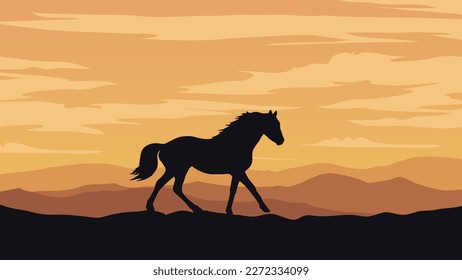 a horse is walking across a hill at sunset or dawn, mountain range