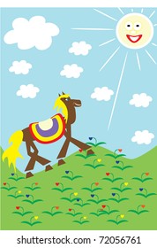 The horse walks on a green grass. illustration.