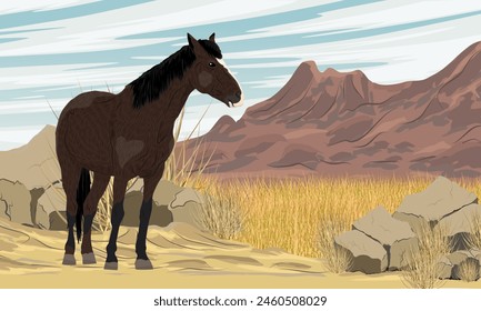 A horse walks through a sandy steppe path at the foot of the mountains. Realistic vector landscape