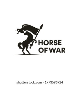 caballo con una bandera de guerra icono creativo. Diseño del logo medieval de Paladin