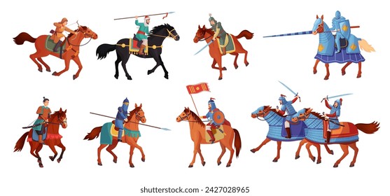 Caballos guerreros. Antiguo guerrero mongol o ruso acorazado corriendo a caballo, caballero samurai con espada histórica batalla jinete soldado medieval, ingeniosa ilustración vectorial de guerrero a caballo