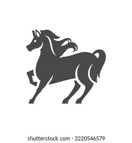 Horse waving mane tail mammal wild farm animal equine power race monochrome silhouette icon vector illustration. Mustang equestrian freedom zoo agriculture butchery meat production livestock logo