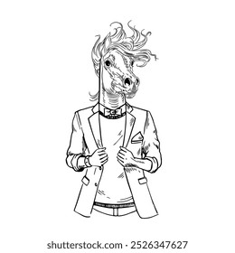 A horse wearing a suit and tie stands confidently with a playful expression, blending elegance and humor in a whimsical illustration