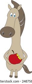 Horse which hold a red apple in the hooves