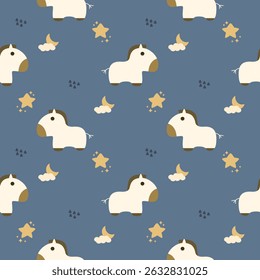Horse white cartoon so cute. On star moon cloud night sky background. Pattern seamless vector illustration. 