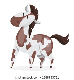 Horse wild or domestic animal. Brown and white mammal from the farm. Isolated vector illustration in cartoon style