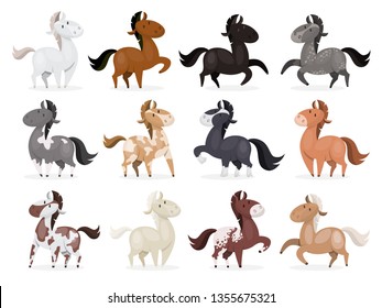 Horse wild or domestic animal set . Collection of various mammal from the farm. Isolated vector illustration in cartoon style