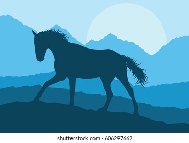 Horse wild mountain landscape with sunset vector background