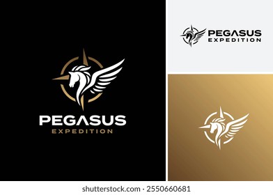 Horse Wing Pegasus Silhouette with Compass Arrow Symbol for Navigation Travel Journey Logo Design