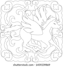 Horse with wings - Pegasus, on the background of abstract ornament. Zenart. Anti stress coloring.
