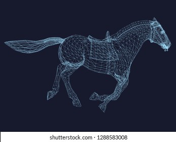 Horse wireframe. The horse is running at a gallop. 3D. Polygonal horse on a dark blue background. Vector illustration.