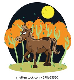 horse in a wood cartoon illustration