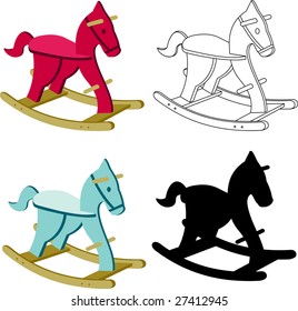 horse of wood, toy for girls and boys in some colors like blue, pink, white and in black silhouette