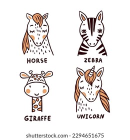 Horse, zebra, giraffe and unicorn funny vector illustrations collection on white background. Even toed animals with names for children design