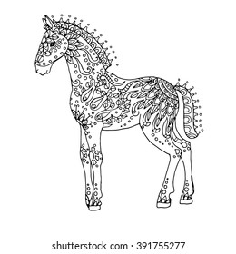 Horse Zentangle Pattern, Page For Adult Colouring Book, Vector Design